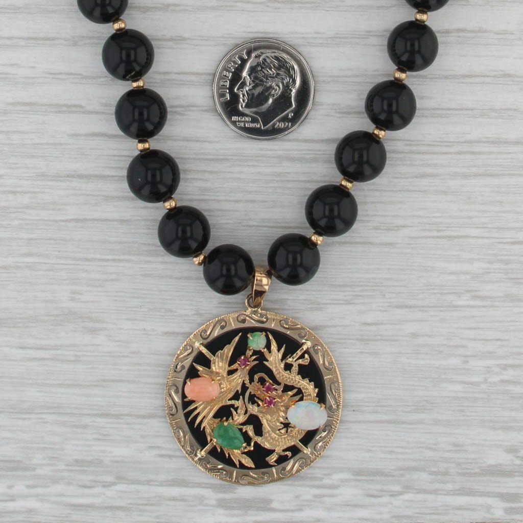 Gemstone Chinese Dragon Pendant Onyx Bead Necklace 14k Gold 21.25" Strand
