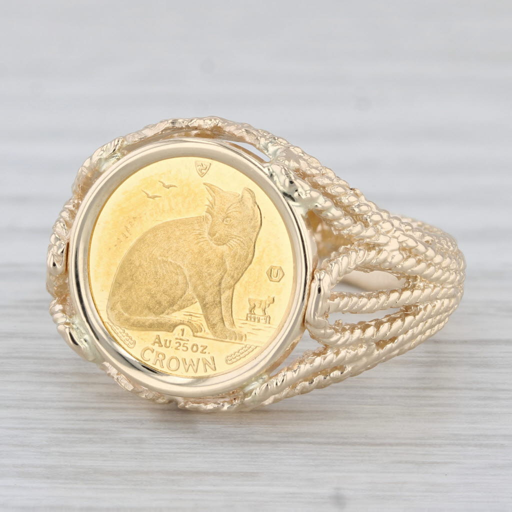 Light Gray Isle of Man 1/25th Gold Crown 1990 Coin Ring 14k 9999 Yellow Gold Size 9