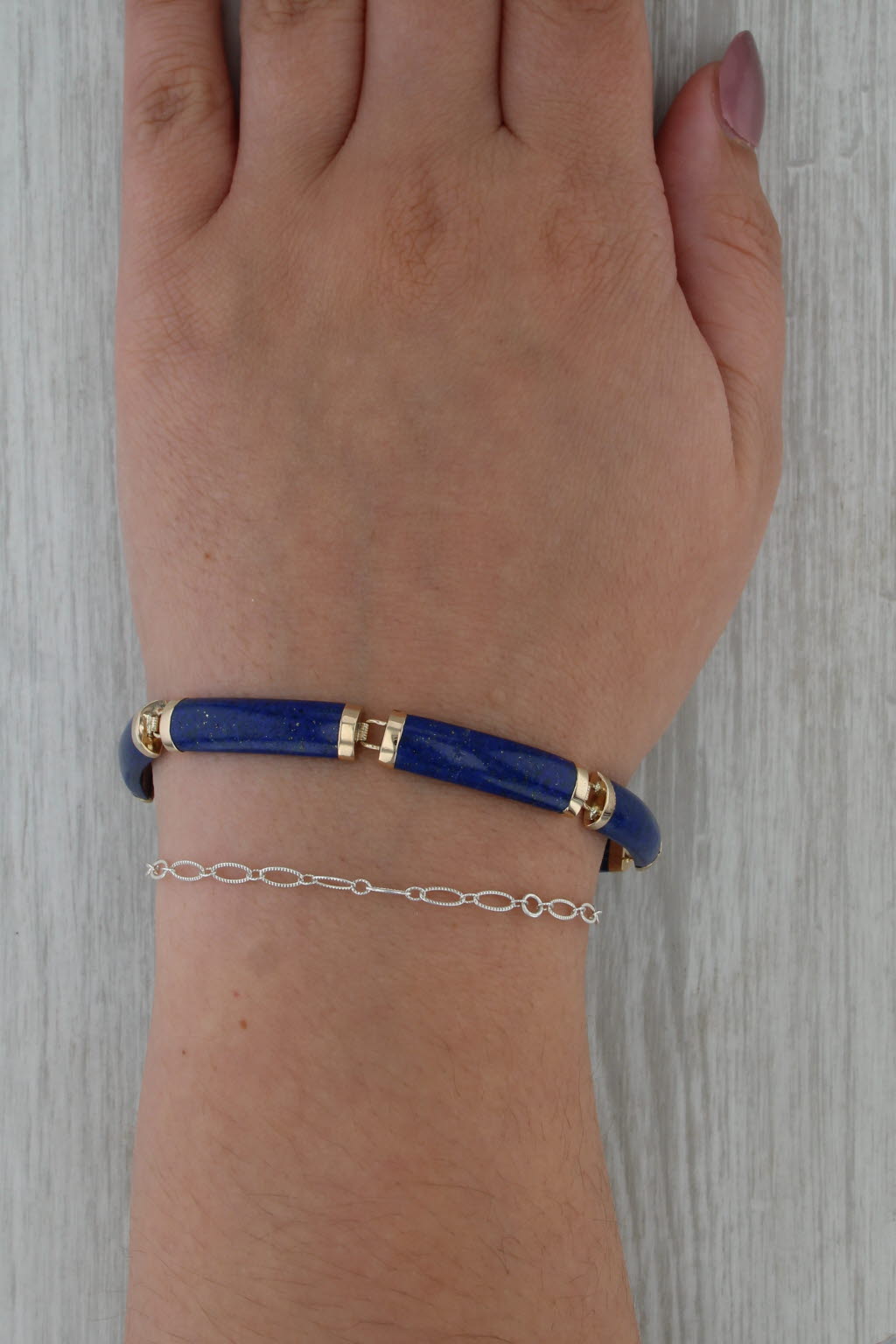 Lapis Lazuli Bar Link Chinese Character for Luck Bracelet 14k Yellow Gold 7.25"
