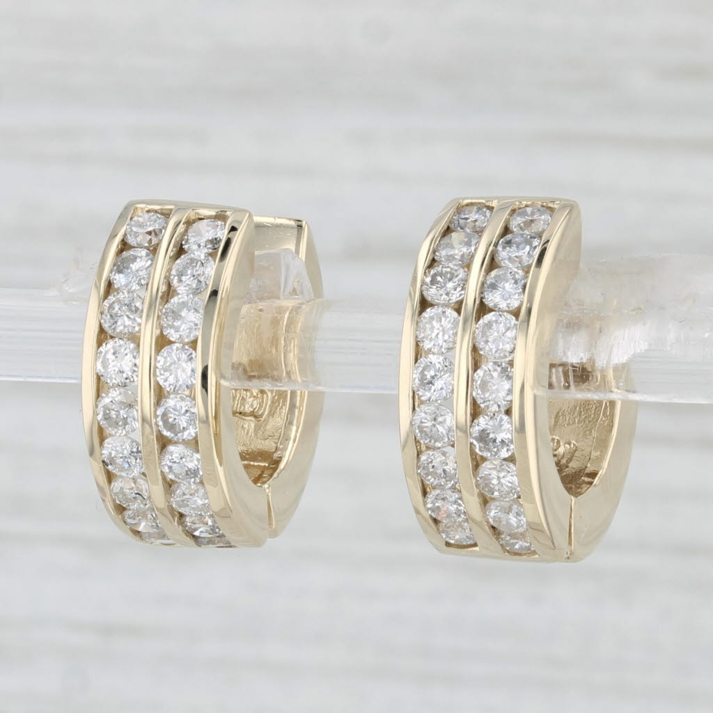 Light Gray 1ctw Diamond Hoop Huggie Earrings 14k Yellow Gold Snap Top Hinged Round Hoops