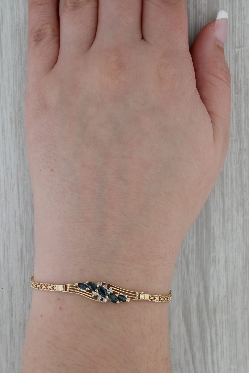 1.01ctw Blue Sapphire Diamond Bracelet 14k Yellow Gold Bismarck Chain 6.75"