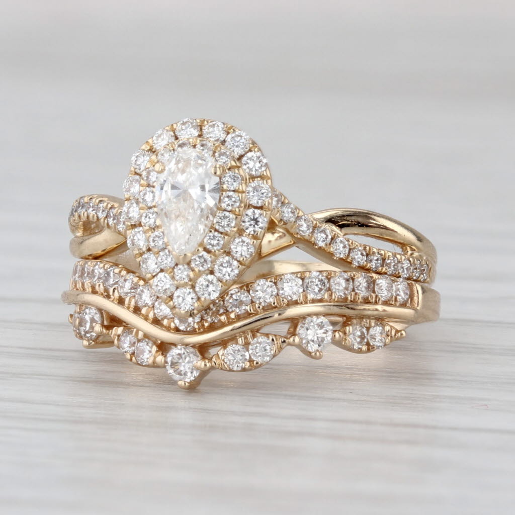 0.65ctw Pear Diamond Halo Engagement Ring Wedding Band Bridal Set 14k Gold