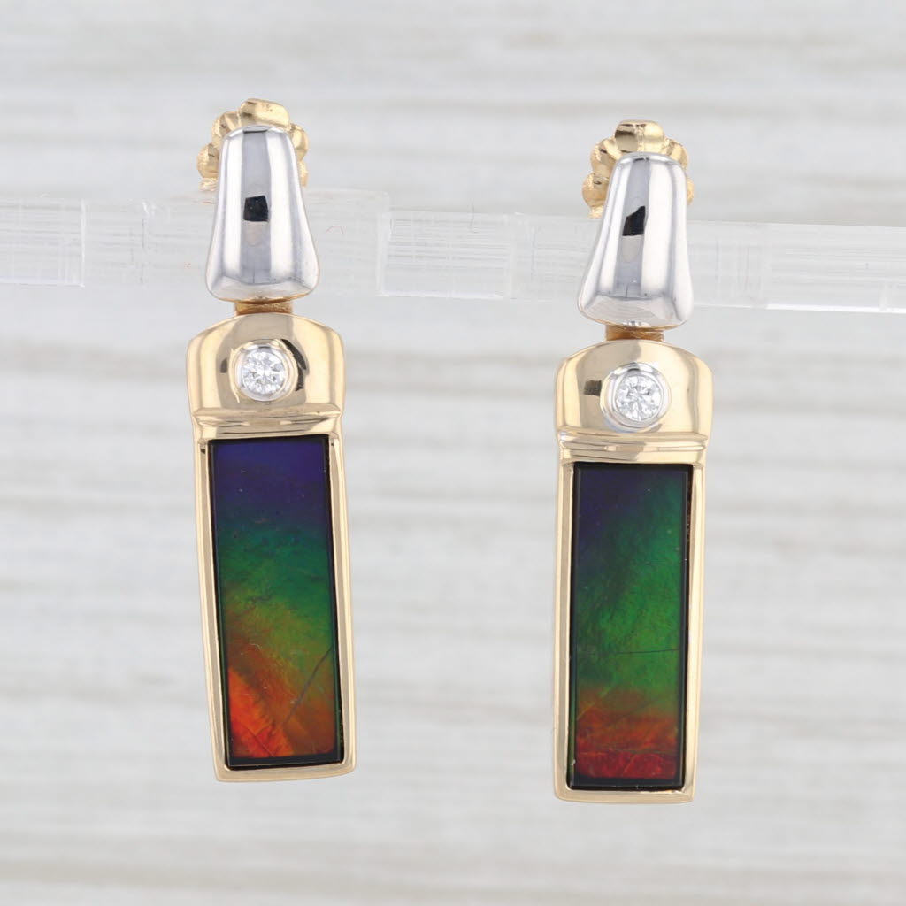 Light Gray Rainbow Ammolite Triplet Diamond Dangle Earrings 18k Yellow White Gold