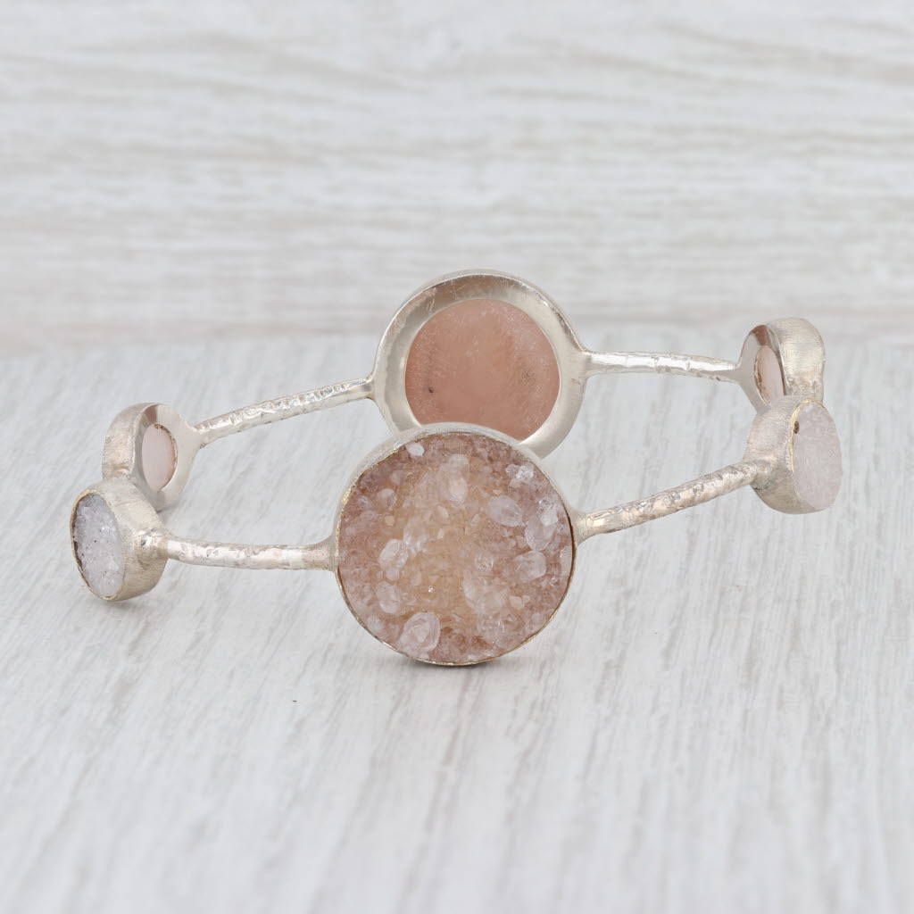 New Nina Wynn Bangle Bracelet 8" Sand White Druzy Quartz Sterling Silver