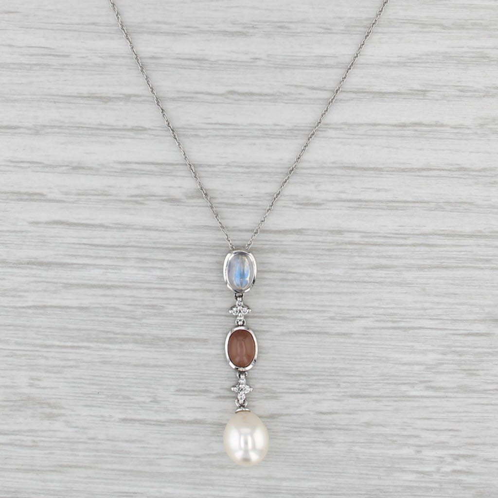 Moonstone Cultured Pearl Diamond Drop Pendant Necklace 14k White Gold Rope Chain