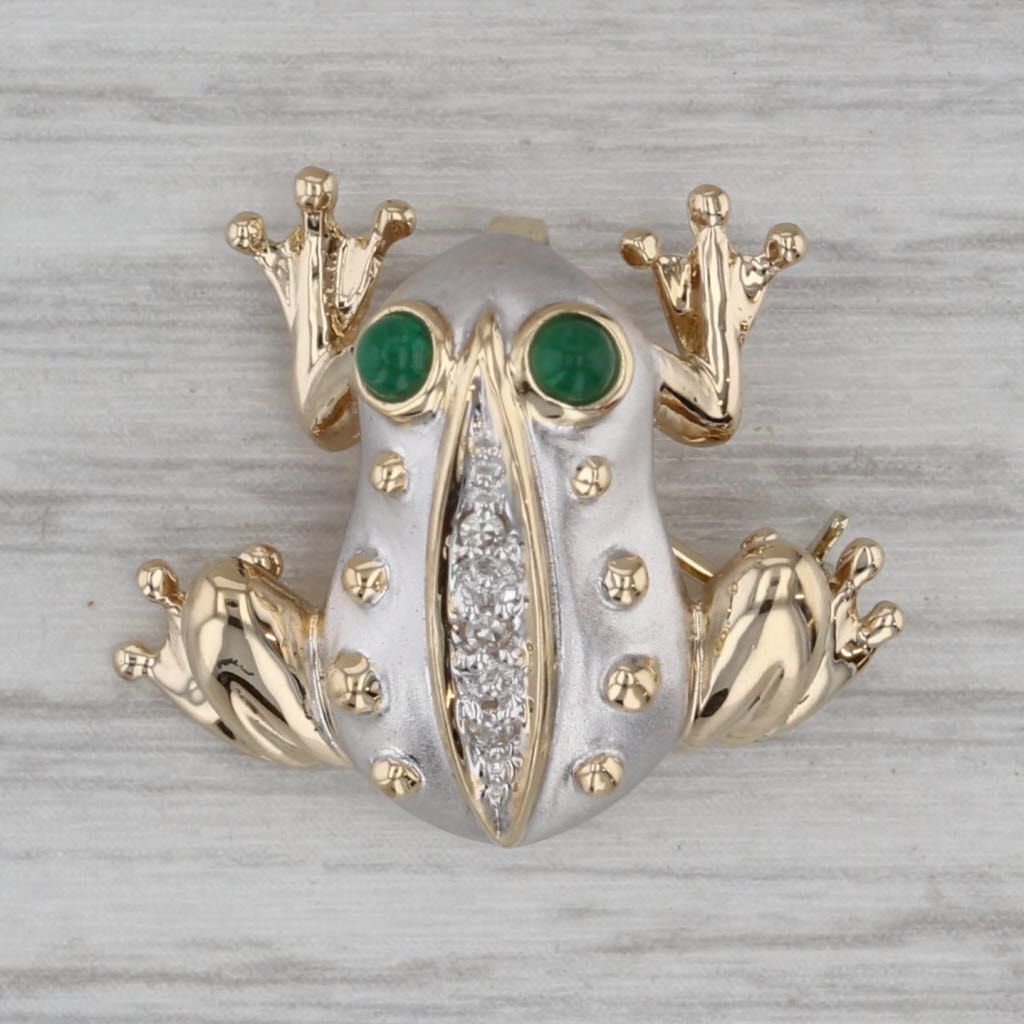 Gray Emerald Cabochon Diamond Frog Brooch Pendant 14k Yellow White Gold Toad Pin