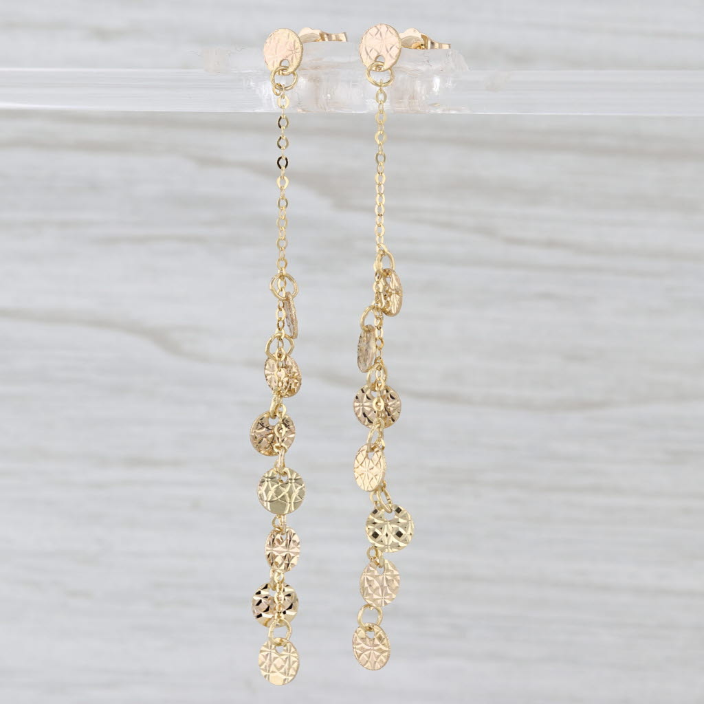 Etched Disc Dangle Earrings 14k Yellow Gold Chain Drops