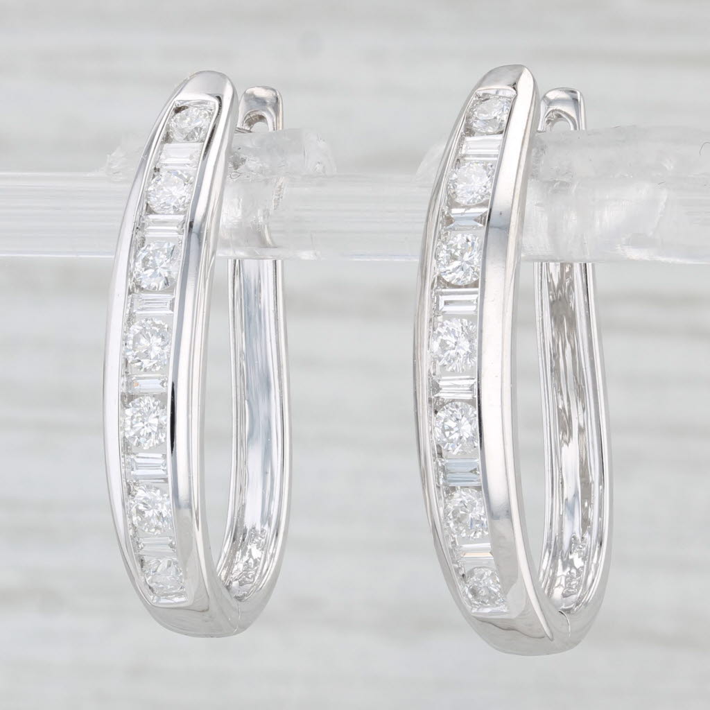 Light Gray 0.84ctw Diamond Journey Hoop Earrings 14k White Gold Snap Top Oval Hoops