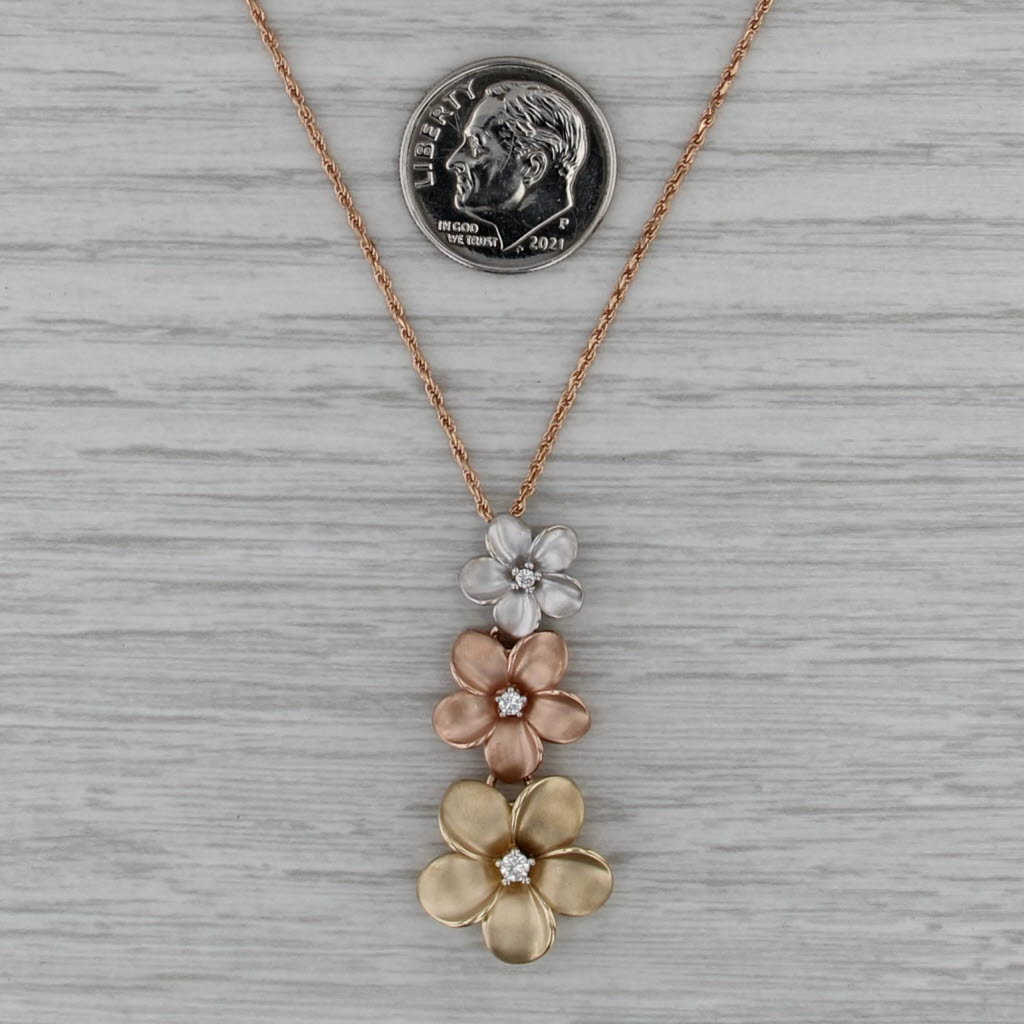 3-Stone Diamond Tri-Toned Flower Pendant Necklace 14k Gold 23.75" Rope Chain