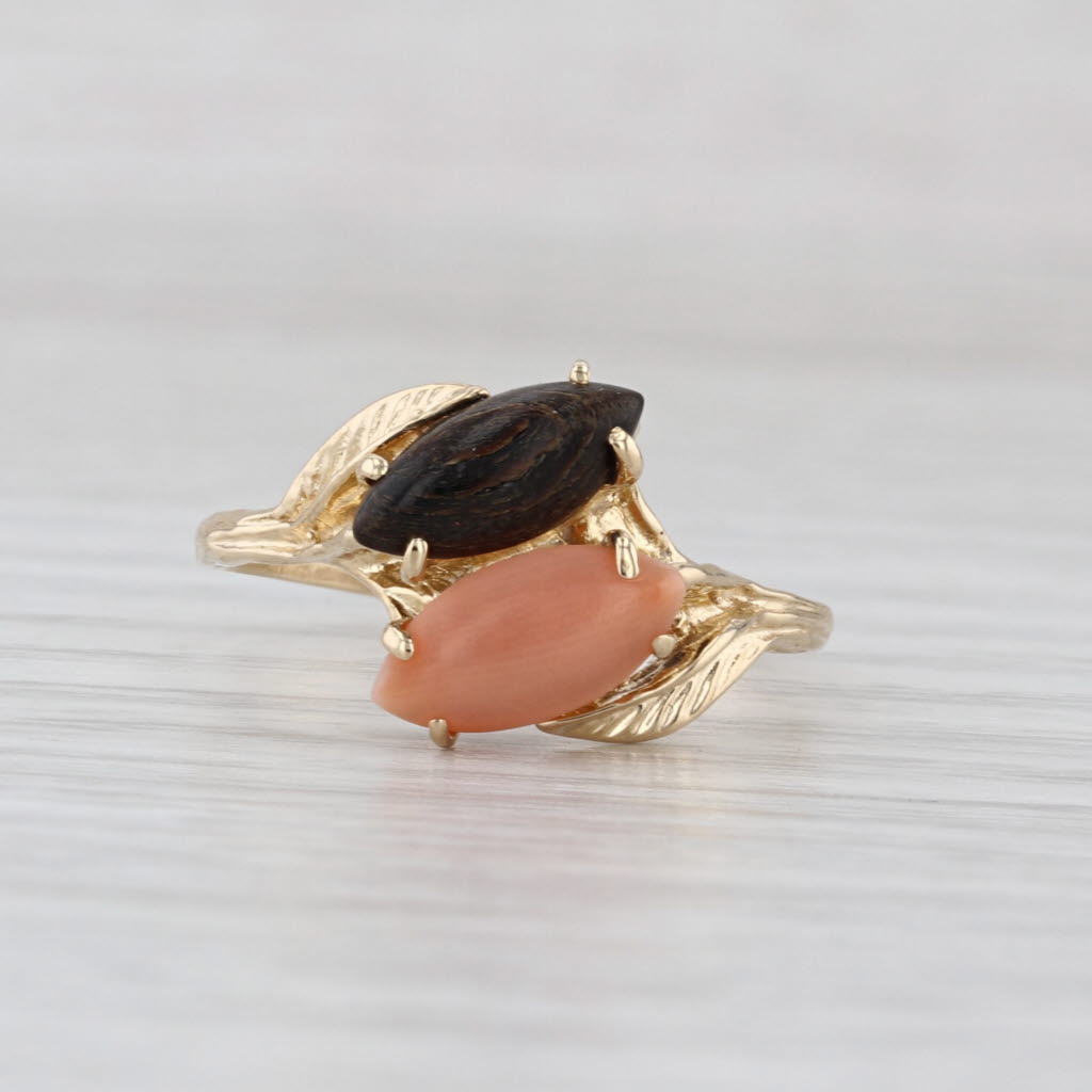 Pink & Black Coral Bypass Ring 14k Yellow Gold Size 7.5 Leaf Accents
