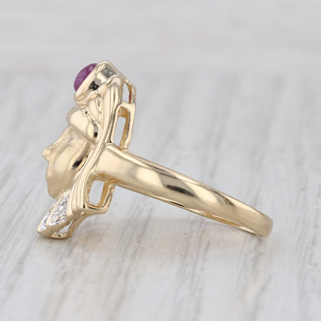 Ruby Diamond Egyptian Pharaoh Bust Ring 14k Yellow Gold Size 8.5
