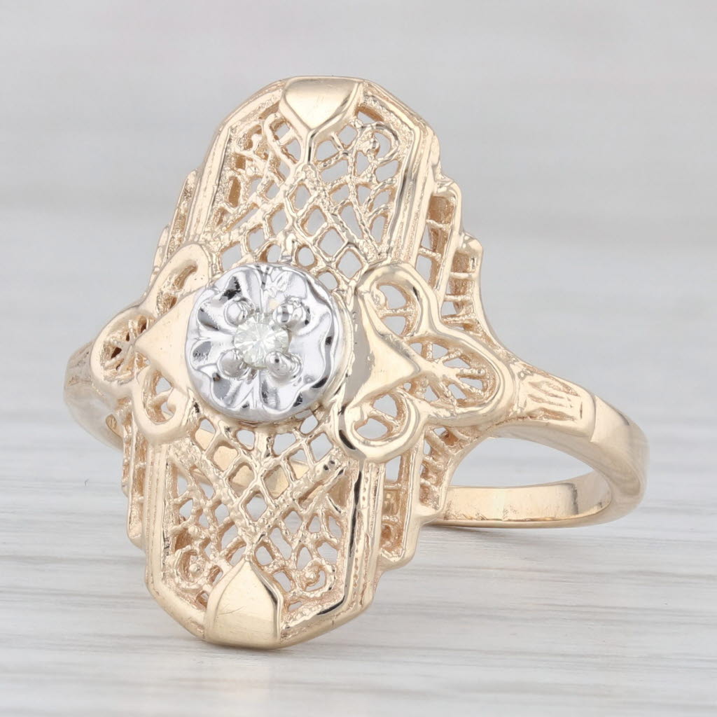 Light Gray Diamond Accented Filigree Ring 10k Yellow Gold Vintage Art Deco