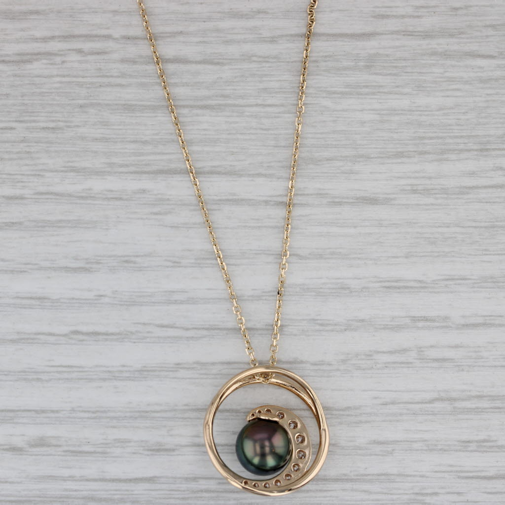 Gray Na Hoku Cultured Pearl Diamond Swirl Pendant w/ Boxes 14k Gold 17" Cable Chain