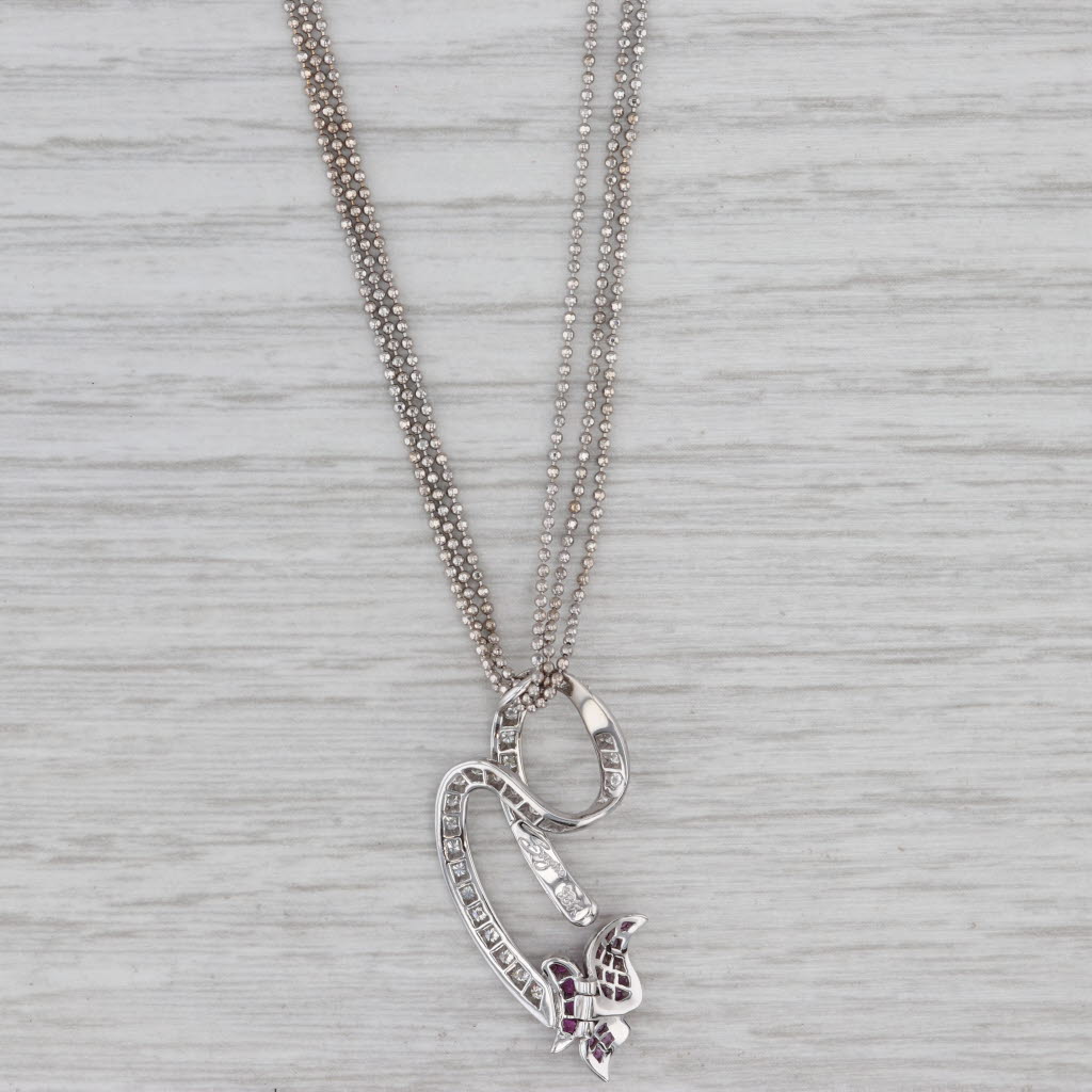 Gray 0.58ctw Pink Sapphire Diamond Swirl Butterfly Pendant Necklace 18k Gold Bergio