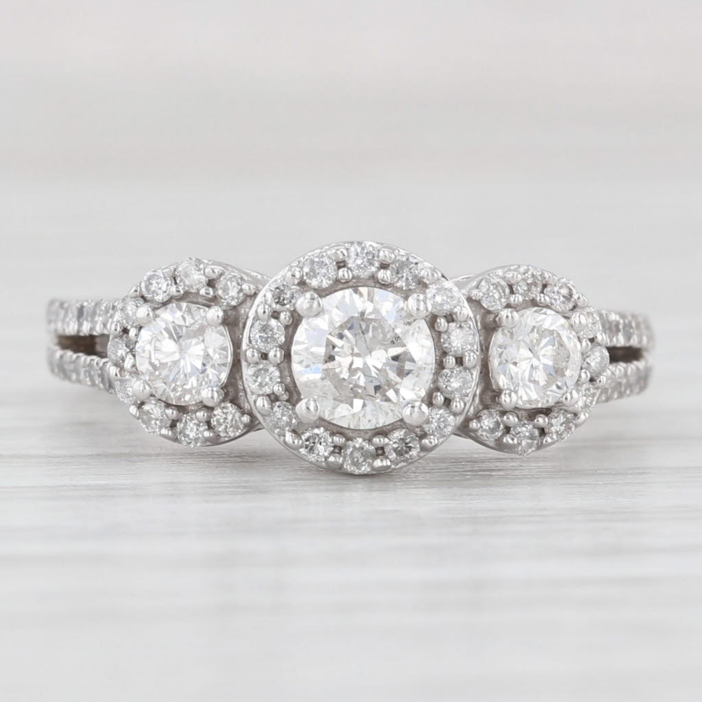 Light Gray 0.97ctw Diamond 3-Stone Halo Engagement Ring 14k White Gold Size 5.75