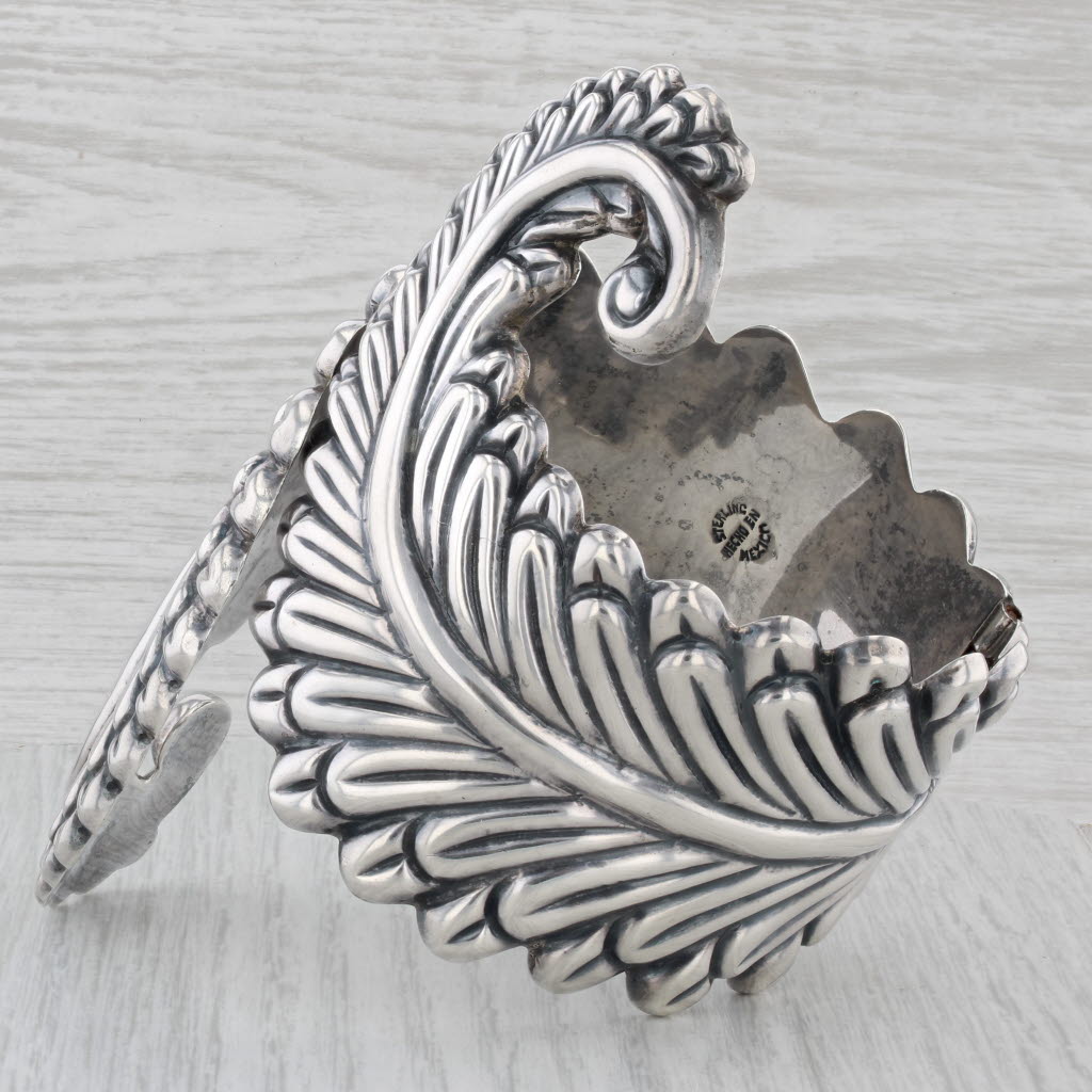 Gray Large Vintage Ornate Leaf Cuff Bracelet Sterling Silver Mexico Bypass Clamper