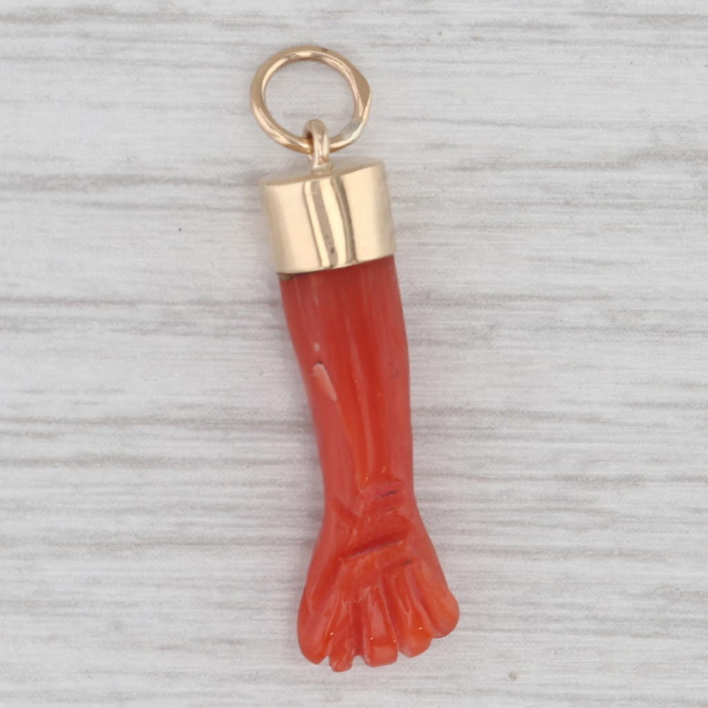 Vintage Carved Coral Figa Hand Pendant 14k Yellow Gold Italian Talisman Charm