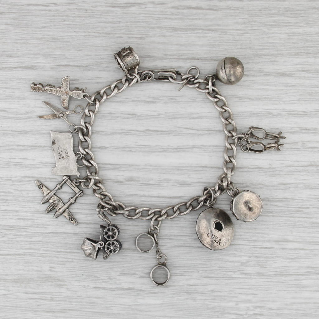 Vintage Souvenir Charm Bracelet Sterling Silver Traval British Baby Plane Drum