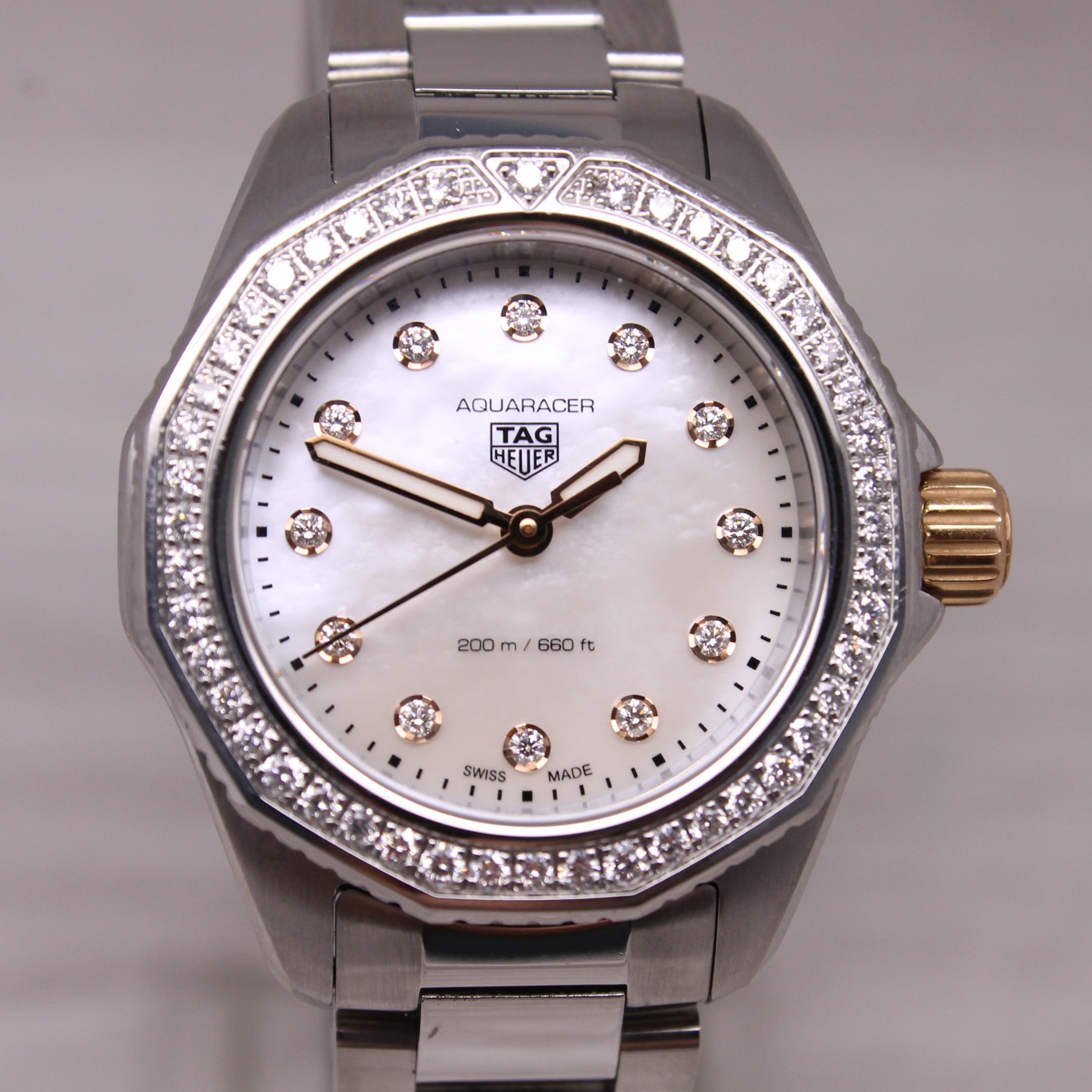 Tag Heuer Aquaracer Ladies 31mm Steel 18k Gold Watch Diamond Bezel Dial WBP1451