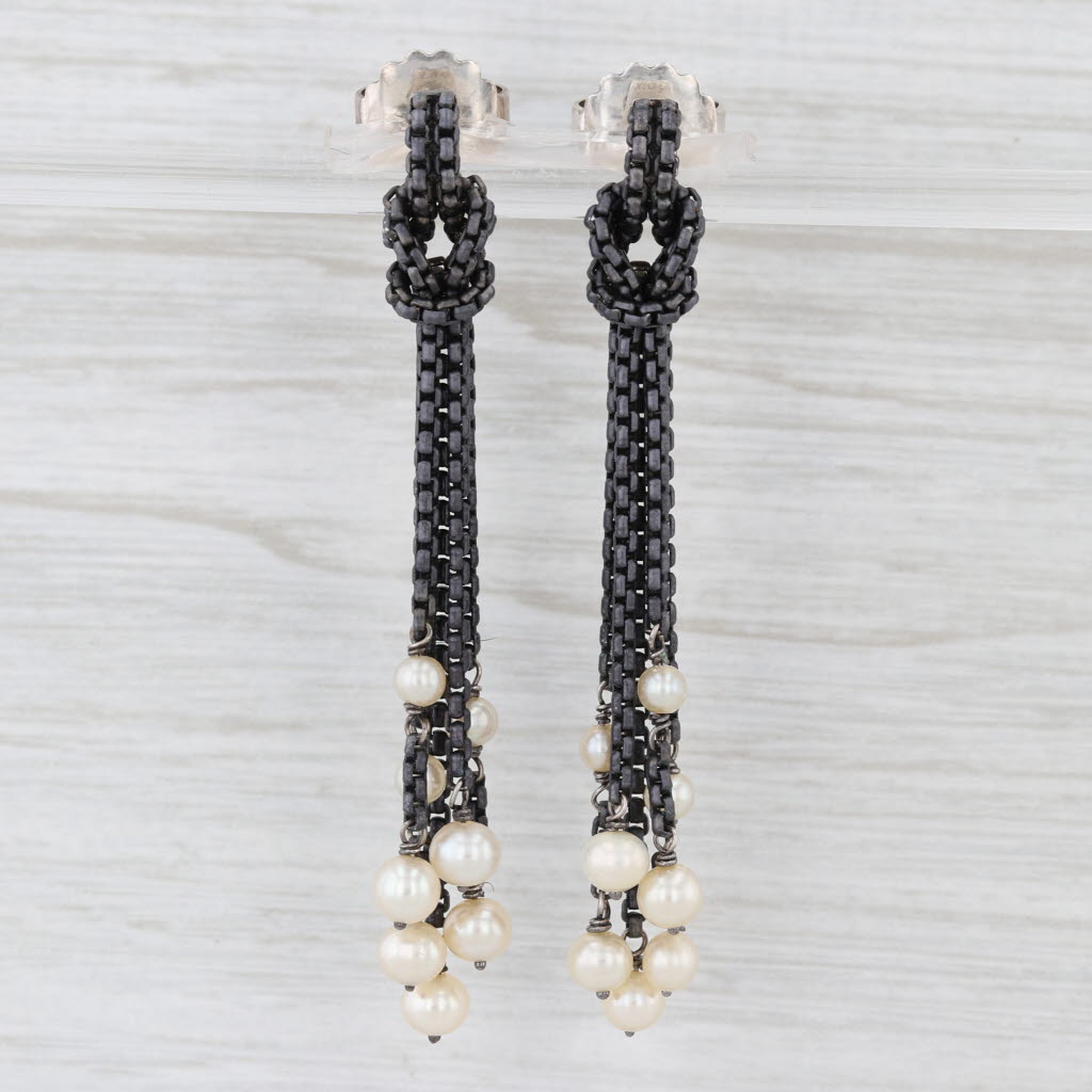 David Yurman Cultured Pearl Chain Fringe Drop Earrings Sterling Silver 18k Gold