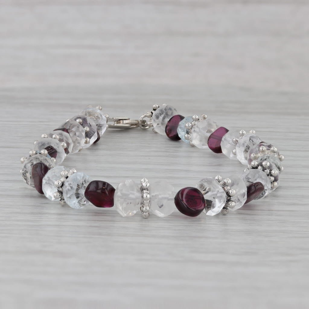 Gray Aquamarine Topaz Crystal Quartz Garnet Gemstone Bead Bracelet Sterling Silver