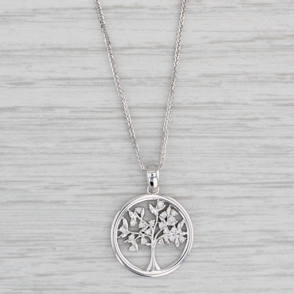 Light Gray New Diamond Tree of Life Pendant Necklace 14k White Gold 15.5-17.5" Curb Chain