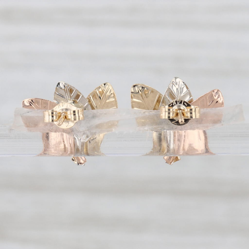 Tri-Toned Leaf Stud Earrings 14k White Yellow Rose Gold Studs