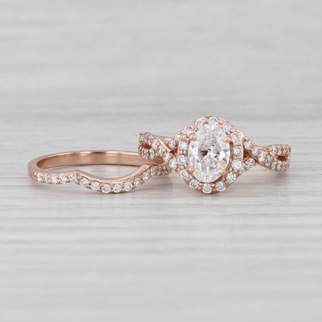 1.58ctw Oval Halo Engagement Ring Wedding Band Bridal Set 14k Rose Gold Size 7