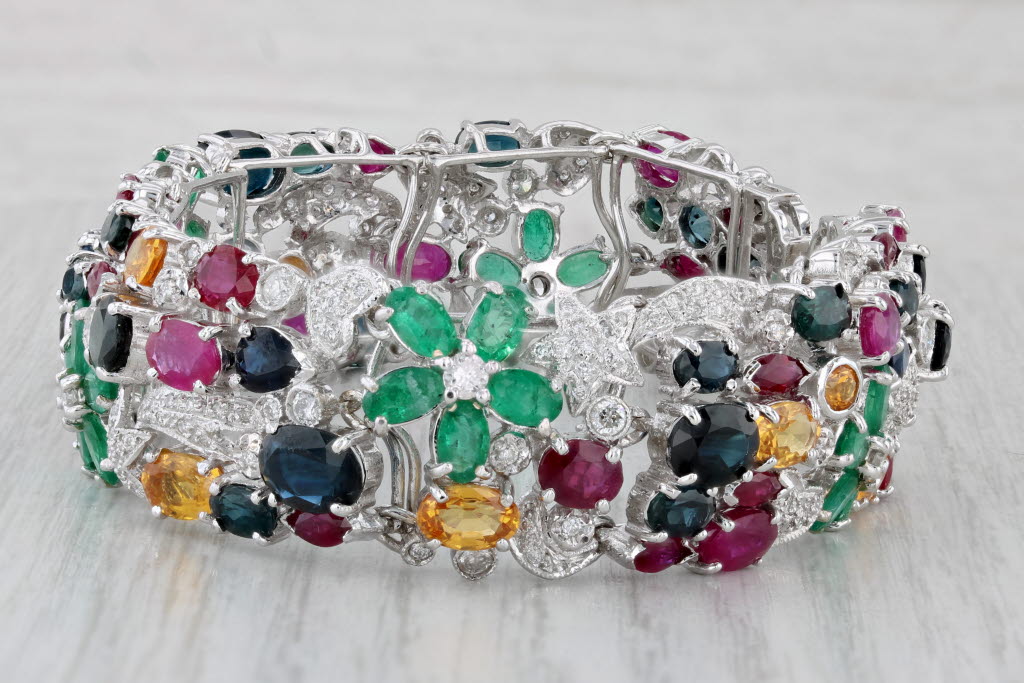 Gray 38.38ctw Tutti Frutti Gemstone Bracelet 18k Gold Ruby Emerald Sapphire Diamond