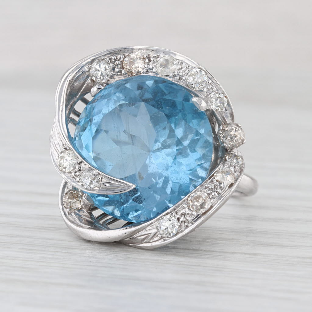 25.97ctw Aquamarine Diamond Swirl Cocktail Ring 10k-13.5 White Gold Size 8