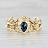 Light Gray 0.41ct Blue Sapphire Teardrop Ring 18k Yellow Gold Size 7 Heraldic Cherubs