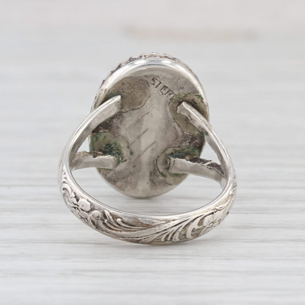 Vintage JH Native American Malachite Ring Sterling Silver Green Oval Cabochon