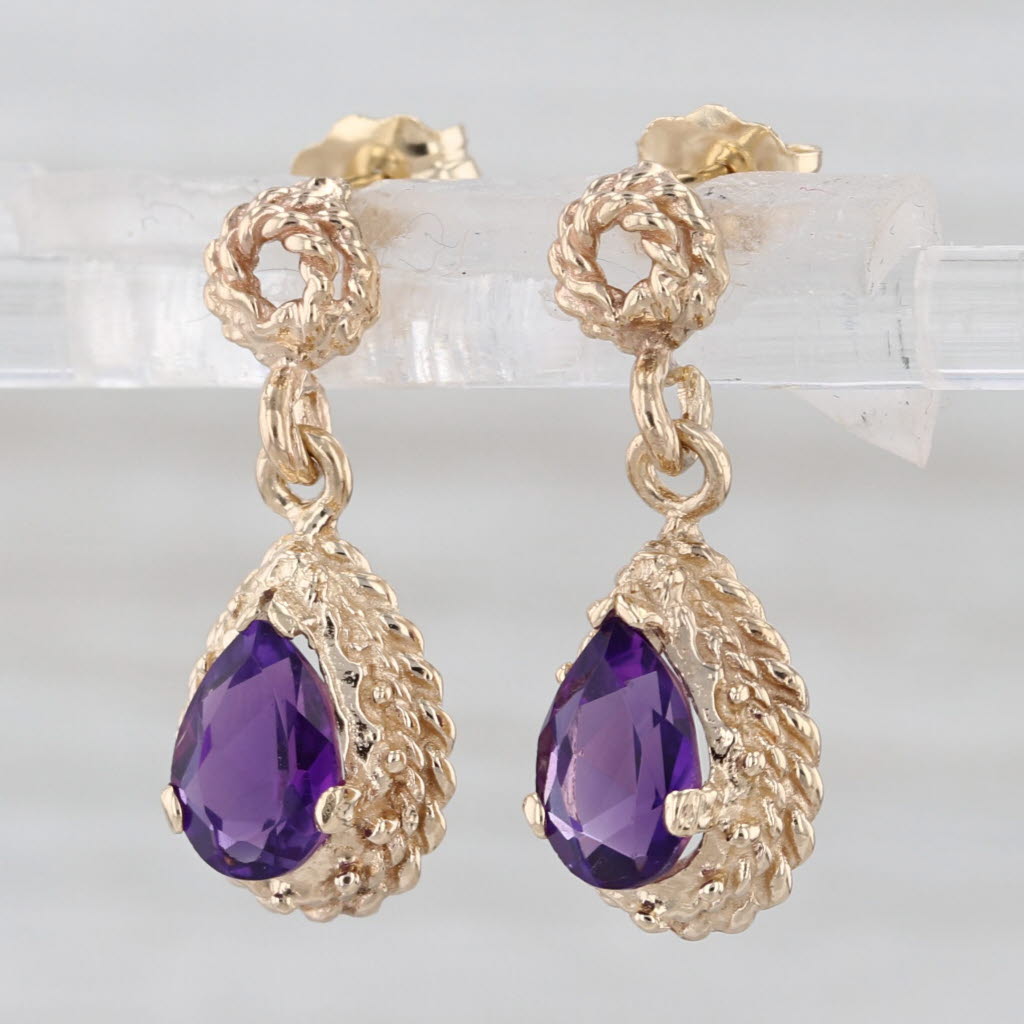 1.25ctw Amethyst Teardrop Dangle Earrings 14k Yellow Gold Pierced Drops