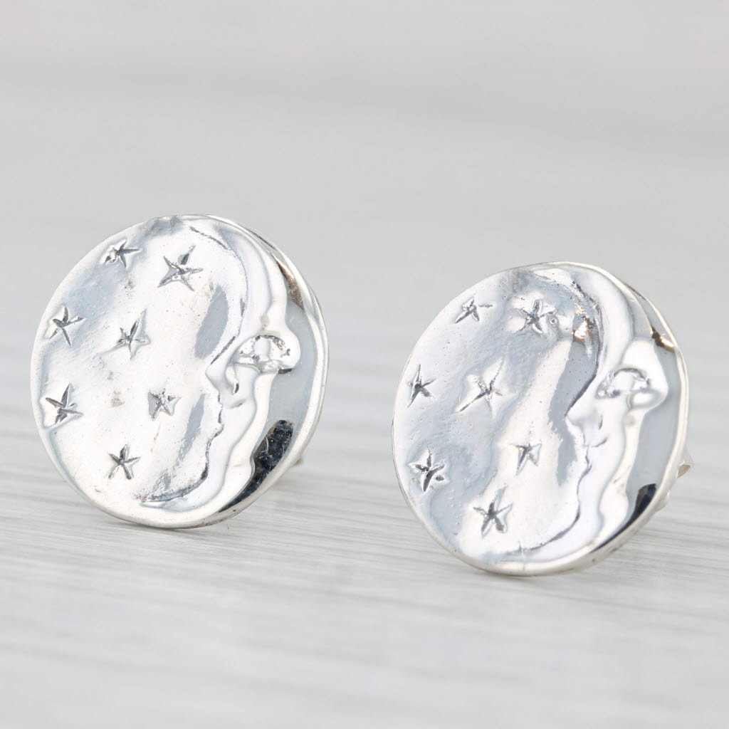 Light Gray Crescent Moon & Stars Stud Earrings Sterling Silver Celestial Jewelry