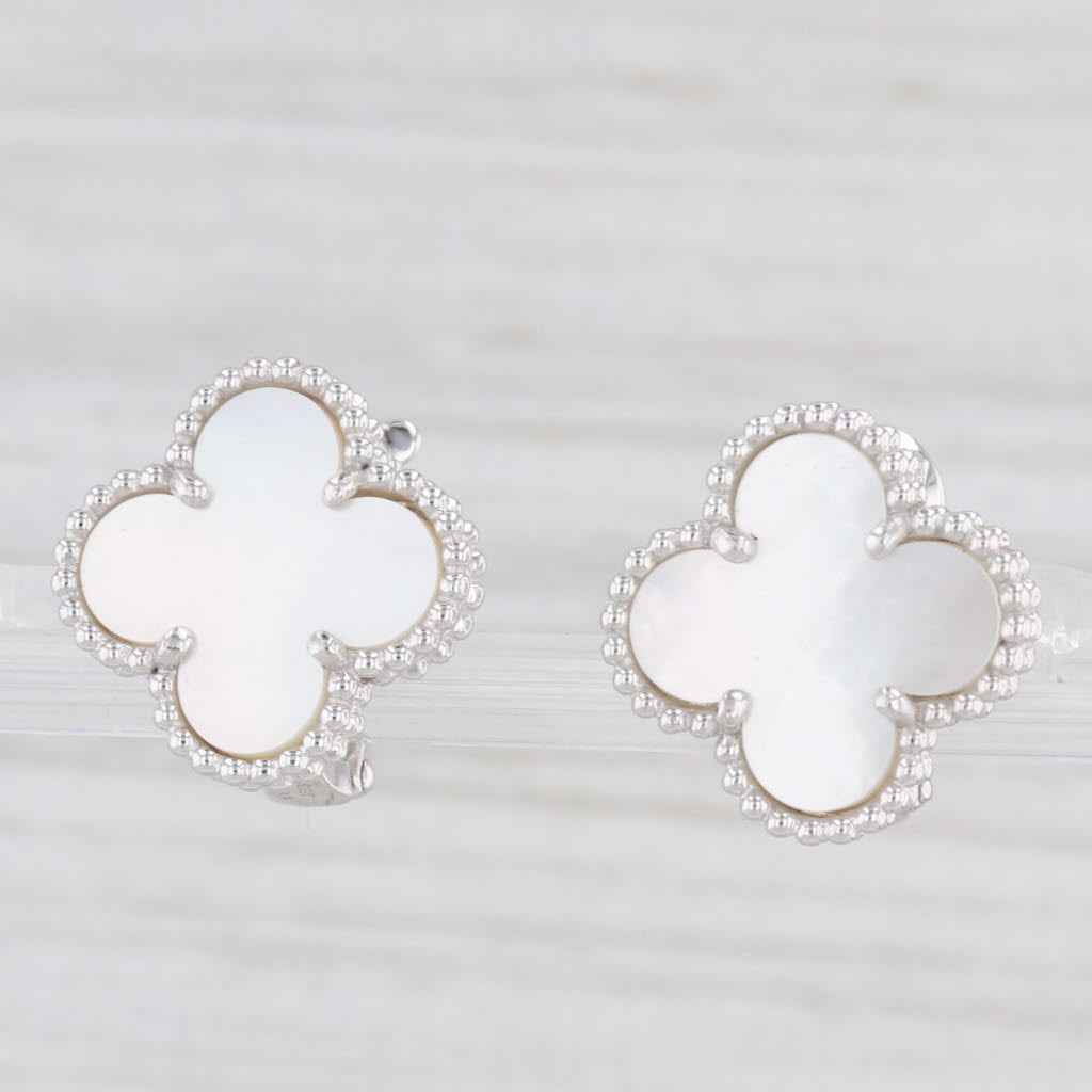 Van Cleef Arpels Mother Pearl Alhambra Vintage Earrings 18k White Gold Cert VCA