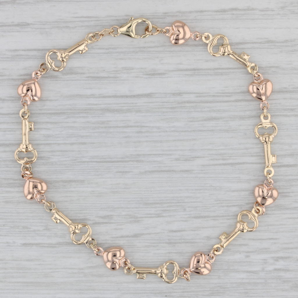 Gray Key Heart Chain Bracelet 10k Rose Yellow Gold 7.5" 5.8mm