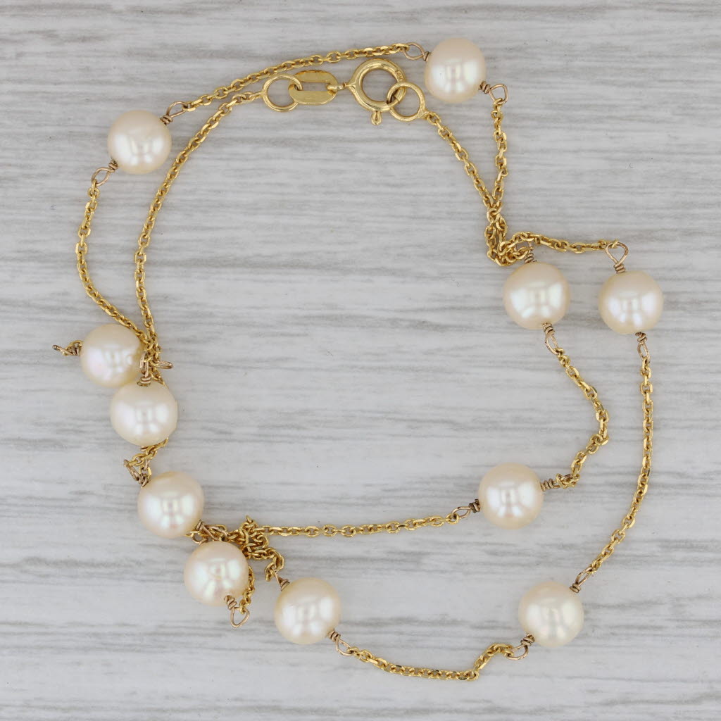 Gray Pearl Station Necklace 14k Yellow Gold 16" Cable Chain