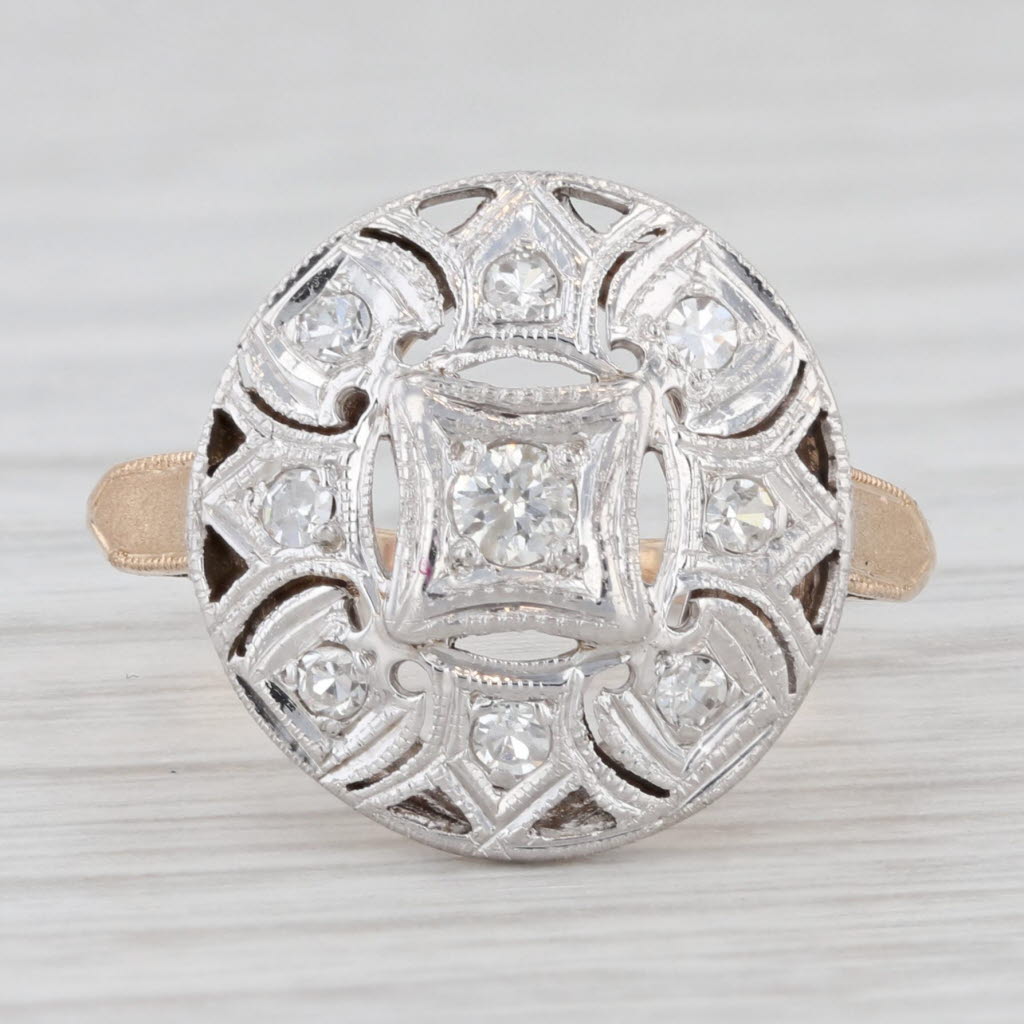 Light Gray Vintage 0.18ctw Diamond Ring 14k White Yellow Gold Size 5 Art Deco