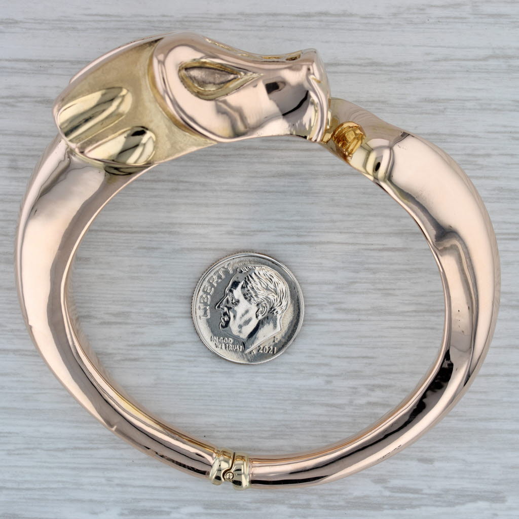 Dark Gray Detailed Dragon Bangle Bracelet 14k Yellow Gold 6.5" Hinged Adjustable Statement