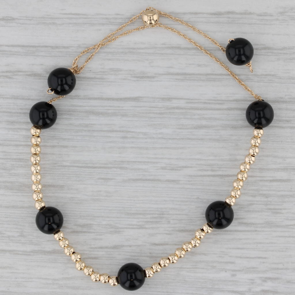 Gray New Onyx Bead Bolo Bracelet 14k Yellow Gold 8.25" Adjustable Rope Chain