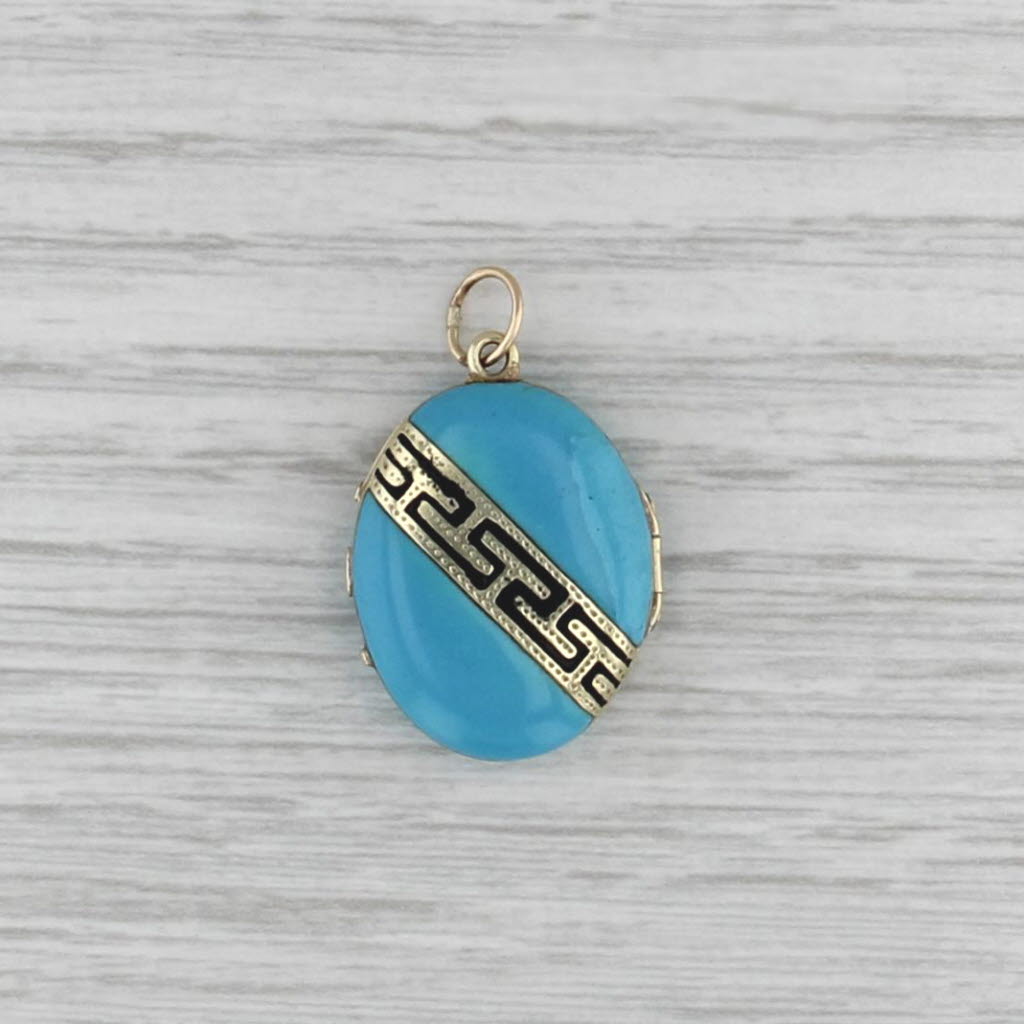 Antique Enamel Locket Pendant 9-12k Gold Charm Greek Key Picture Inside