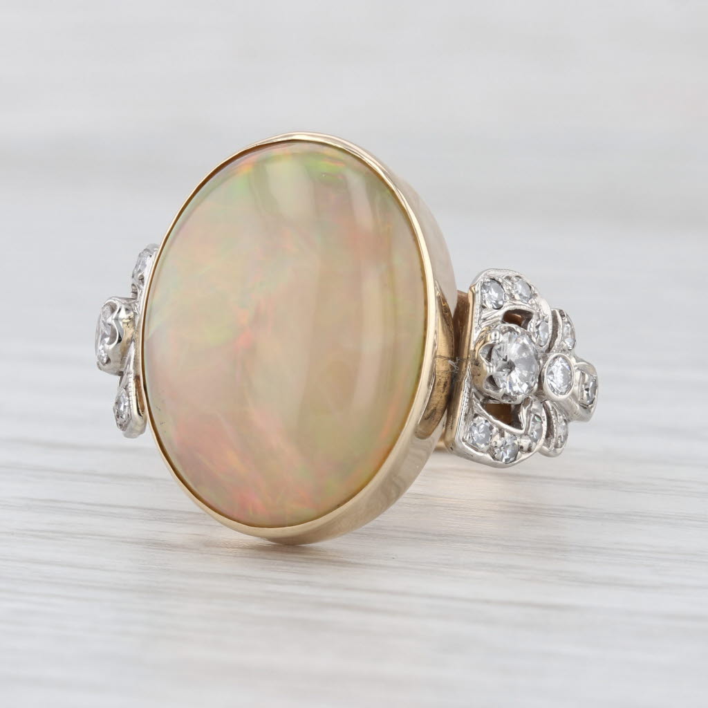 Vintage Opal Cabochon Diamond Ring 14k Yellow Gold Size 8.5 Cocktail