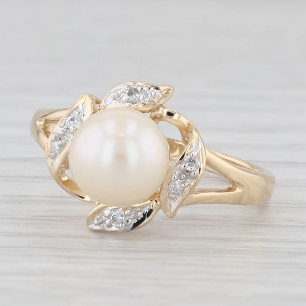 Light Gray Cultured Pearl Diamond Ring 14k Yellow Gold Size 6.75