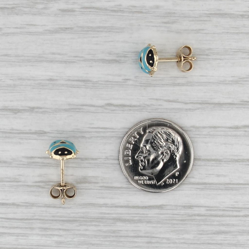 Blue Ladybug Stud Earrings 14k Yellow Gold Resin Small Studs Good Luck