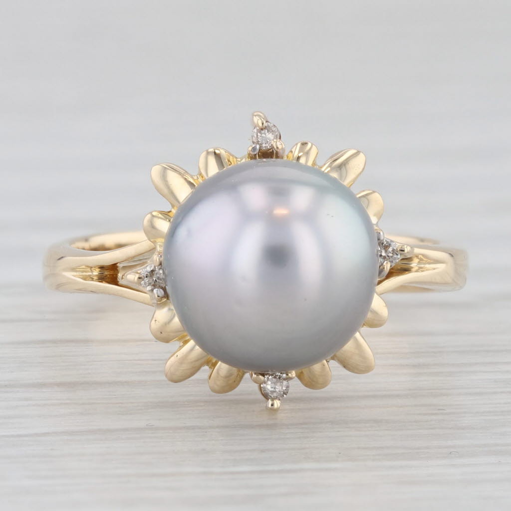 Light Gray Gray Cultured Pearl Diamond Ring 14k Yellow Gold Size 6.5