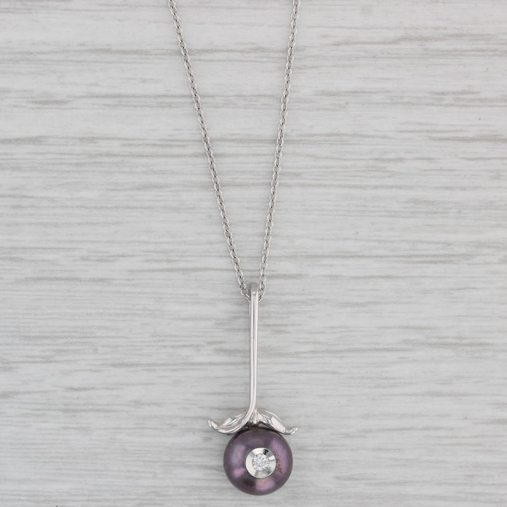 Gray New Galatea Cultured Black Pearl Diamond Pendant Necklace 14k White Gold 18"