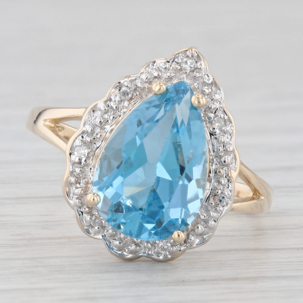 Light Gray 3.65ctw Pear Blue Topaz Diamond Halo Ring 10k Yellow Gold Size 7.25