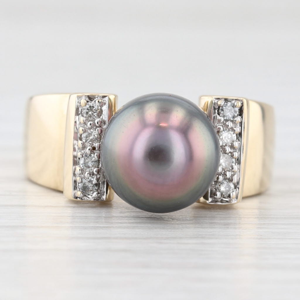 Light Gray 9.1mm Cultured Black Pearl Bead 0.10ctw Diamond Ring 14k Yellow Gold Size 6.25