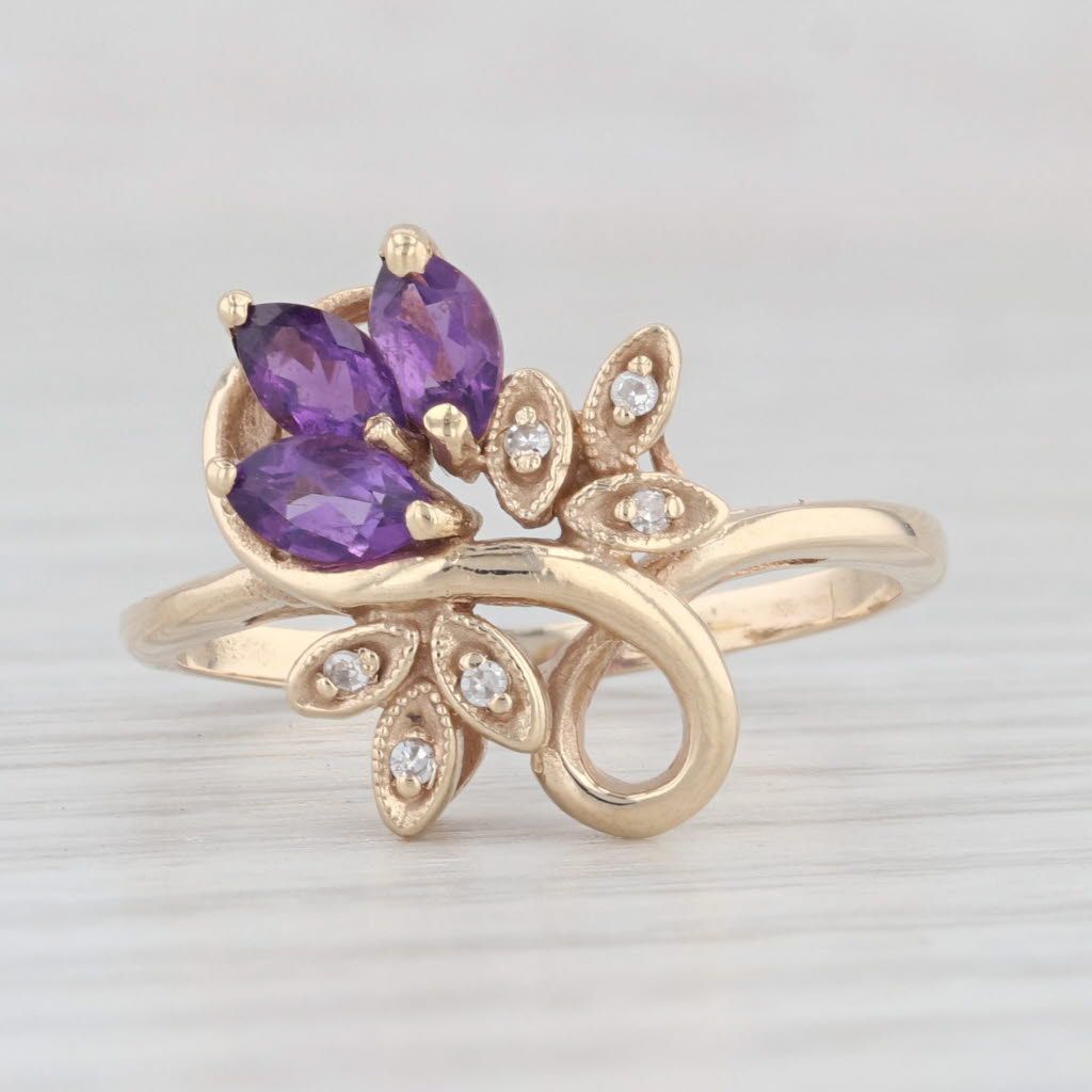 Light Gray 0.53ctw Amethyst Diamond Flower Ring 14k Yellow Gold Size 7.25
