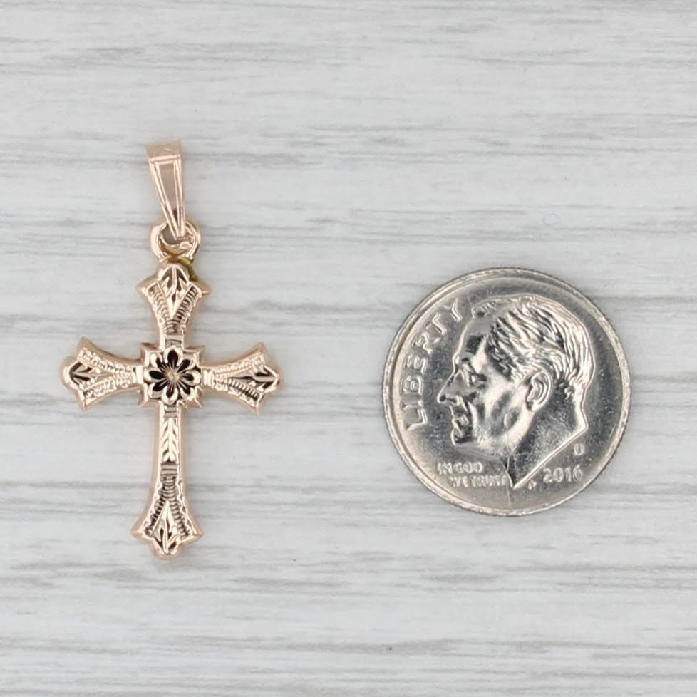 Vintage Floral Cross Pendant 14k Yellow Gold Small Drop